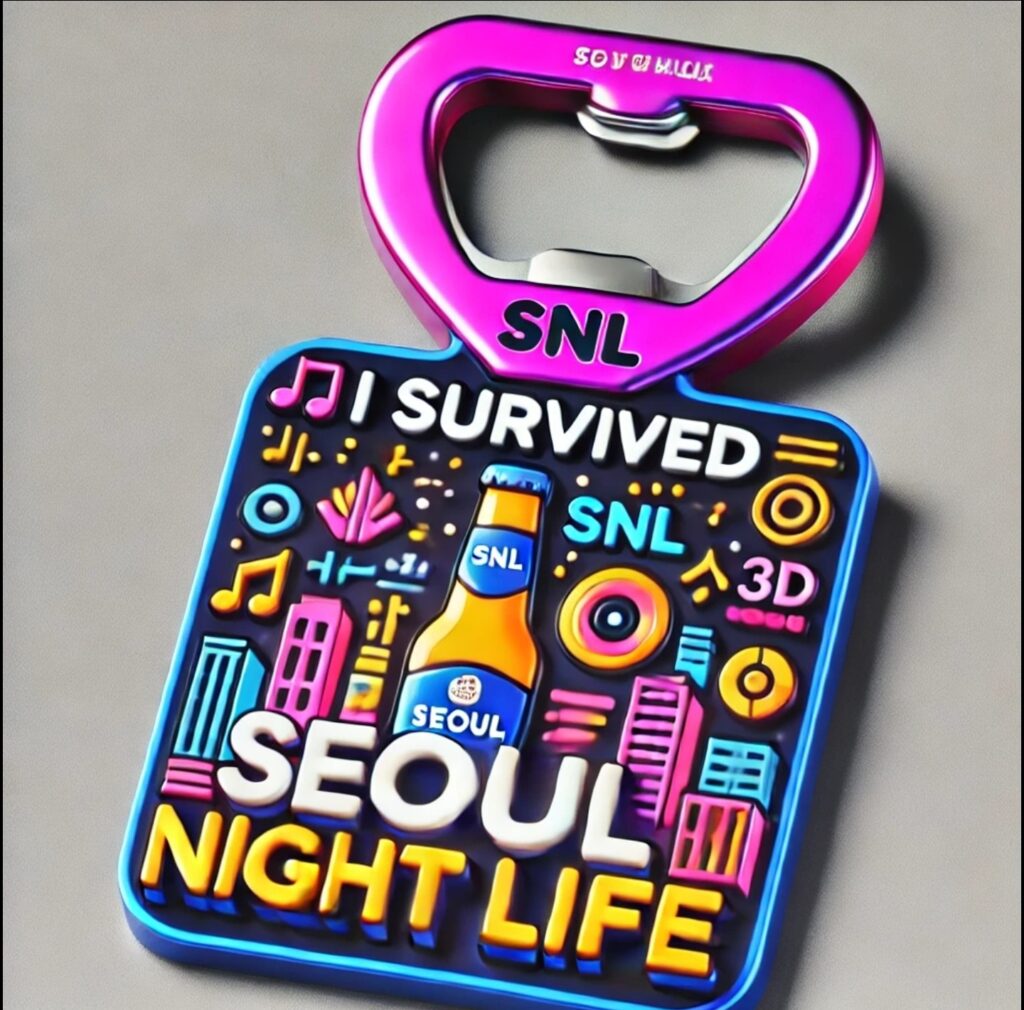 Seoul Night LIfe Bottle Opener, brightly coloured, slogan: I survived Seoul Night Life