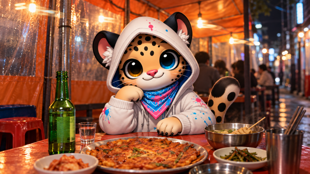 Bam at a Korean pocha table with a kimchi pancake and fish-cake soup