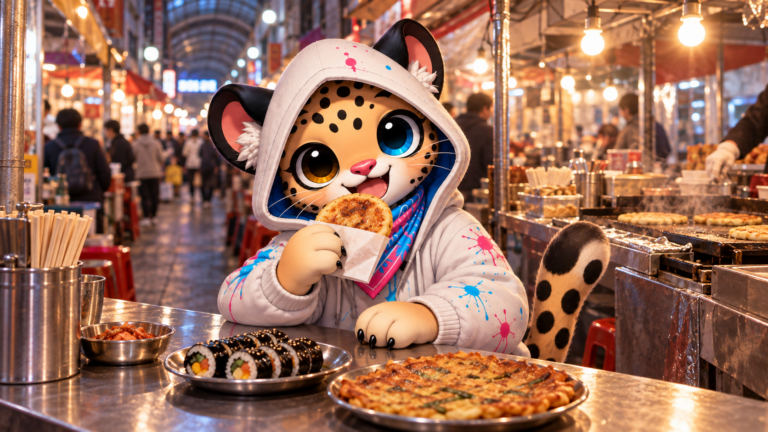 Bam enjoying Korean street food at a covered market counter