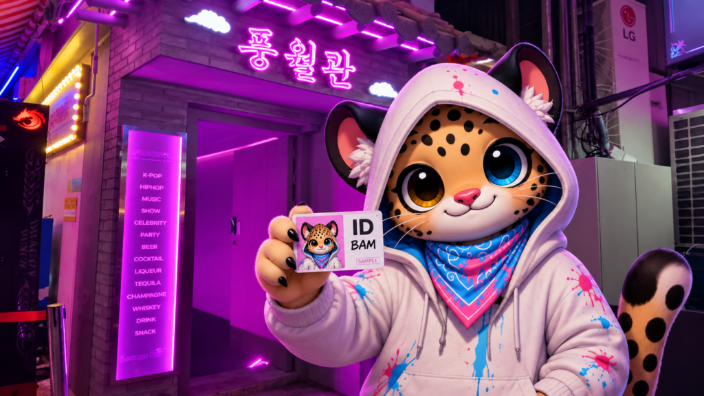 Bam holding a sample ID outside Pungwol in Jongno
