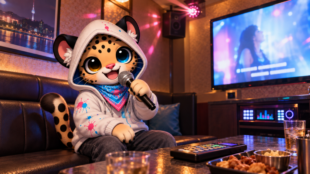 Bam singing into a microphone in a private Korean karaoke room