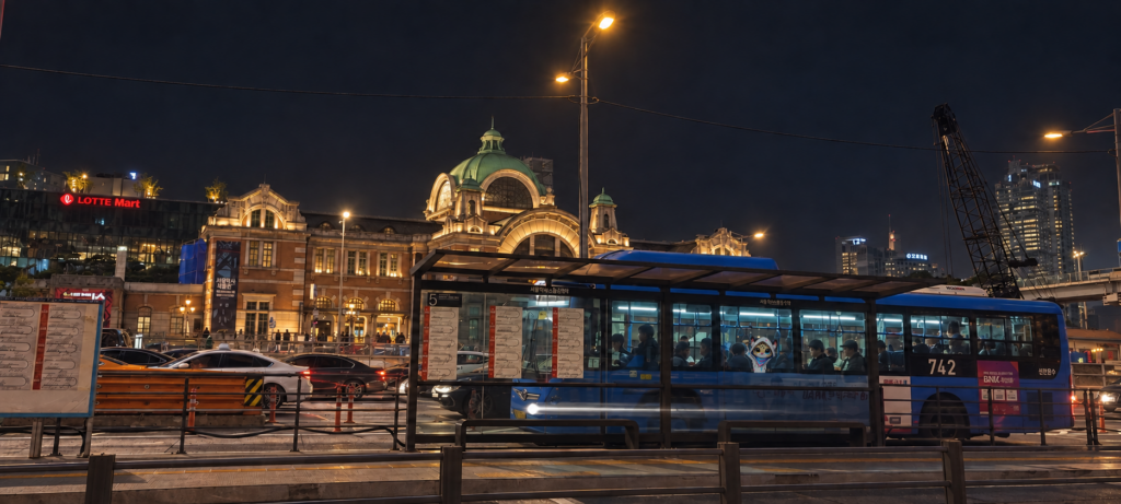Illustrated Bam riding a Seoul bus outside Seoul Station at night