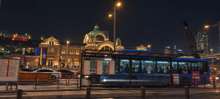 Illustrated Bam riding a Seoul bus outside Seoul Station at night