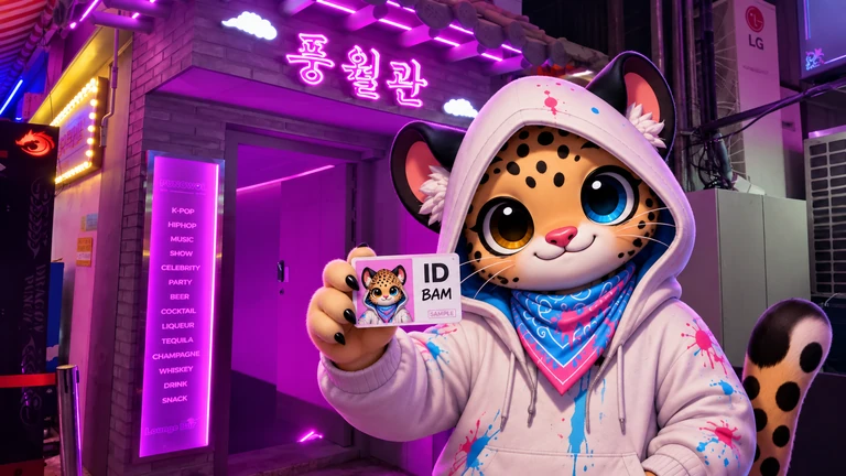 Bam holding a sample ID outside Pungwol in Jongno